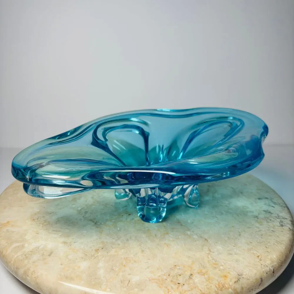 Vintage Murano Sommerso Blue Glass‎ Abstract Decorative Bowl MCM 60s 70s